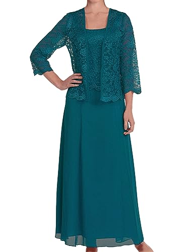 ORANDESIGNE Zweiteiler Damen Elegant Festlich Hochzeit Tüll Spitze Bolero und Abendkleid Maxi Lang Schicke Abendmode Set Outfit 2 Teiler Party Cocktail Mode Kleider Anzug Grün 3XL von ORANDESIGNE