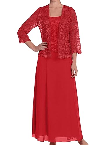 ORANDESIGNE Zweiteiler Damen Elegant Festlich Hochzeit Tüll Spitze Bolero und Abendkleid Maxi Lang Schicke Abendmode Set Outfit 2 Teiler Party Cocktail Mode Kleider Anzug Rot XL von ORANDESIGNE