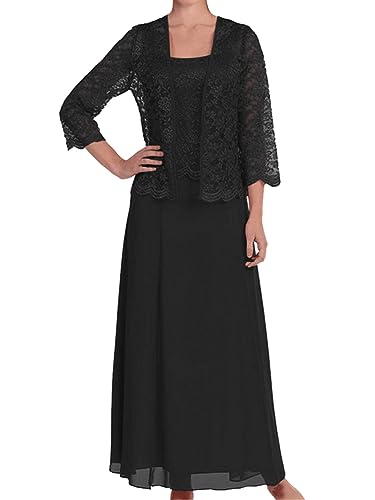 ORANDESIGNE Zweiteiler Damen Elegant Festlich Hochzeit Tüll Spitze Bolero und Abendkleid Maxi Lang Schicke Abendmode Set Outfit 2 Teiler Party Cocktail Mode Kleider Anzug Schwarz XXL von ORANDESIGNE