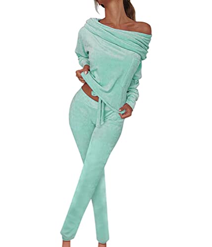 ORANDESIGNE Zweiteiler Damen Elegant Herbst Hosenanzug Sportlich Chic 2 Teiler Set Winter Sweatshirt Und Hose Warm Hausanzug Modern Freizeitanzug Loungewear Lässiges Outfit Samt Anzug Hellblau M von ORANDESIGNE