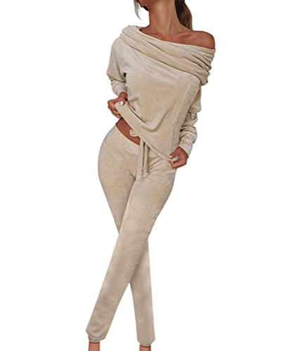 ORANDESIGNE Zweiteiler Damen Elegant Herbst Hosenanzug Sportlich Chic 2 Teiler Set Winter Sweatshirt Und Hose Warm Hausanzug Modern Freizeitanzug Loungewear Lässiges Outfit Samt Anzug Khaki S von ORANDESIGNE