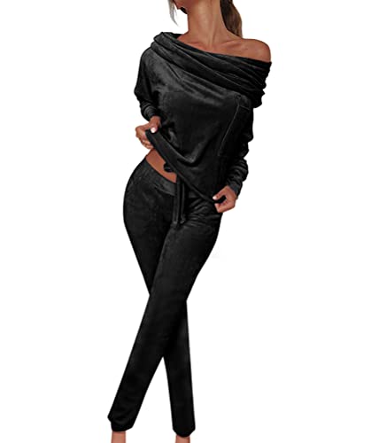 ORANDESIGNE Zweiteiler Damen Elegant Herbst Hosenanzug Sportlich Chic 2 Teiler Set Winter Sweatshirt Und Hose Warm Hausanzug Modern Freizeitanzug Loungewear Lässiges Outfit Samt Anzug Schwarz S von ORANDESIGNE