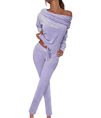 ORANDESIGNE Zweiteiler Damen Elegant Herbst Hosenanzug Sportlich Chic 2 Teiler Set Winter Sweatshirt Und Hose Warm Hausanzug Modern Freizeitanzug Loungewear Lässiges Outfit Samt Anzug Violett L von ORANDESIGNE