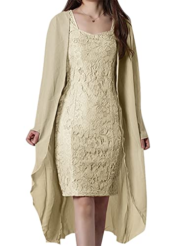 ORANDESIGNE Zweiteiler Damen Festlich Hochzeit Kleid Anzug Bolero Lang Und Abendkleid Elegant Knielang Festival Outfit Curvy Abendrobe Freizeitanzug BekleidungsSet Suit Set Suit D Beige 3XL von ORANDESIGNE