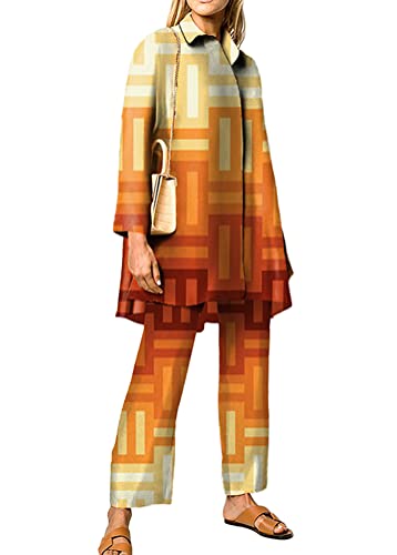 ORANDESIGNE Zweiteiler Damen Shirt Set Elegant Hosenanzug Loungewear Set Button Down Langarmshirt + High Waist Freizeithose Weite Hose 2 Stück Casual Herbst Outfit Streatwear A Orange 01 L von ORANDESIGNE