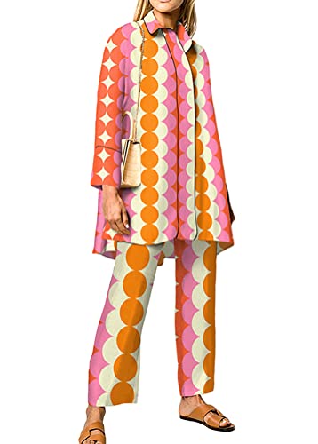 ORANDESIGNE Zweiteiler Damen Shirt Set Elegant Hosenanzug Loungewear Set Button Down Langarmshirt + High Waist Freizeithose Weite Hose 2 Stück Casual Herbst Outfit Streatwear A Rosa XXL von ORANDESIGNE