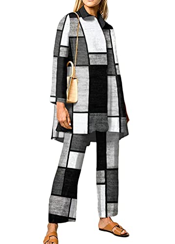 ORANDESIGNE Zweiteiler Damen Shirt Set Elegant Hosenanzug Loungewear Set Button Down Langarmshirt + High Waist Freizeithose Weite Hose 2 Stück Casual Herbst Outfit Streatwear A Schwarz 03 XXL von ORANDESIGNE