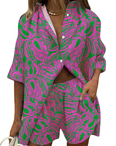 ORANDESIGNE Zweiteiler Damen Sommer Outfit Kurz Bunt Bluse und Shorts Set Elegant 2 Teilig Anzug Druck Kombi Bekleidung Freizeitanzug Modern Casual Festlich Hosenanzug Kurze Shorts Anzug A 02 XXL von ORANDESIGNE