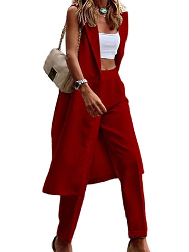 ORANDESIGNE Zweiteiler Damen Sommer Outfit Lang Weste Und Hose Anzug Modern Hosenanzug Festlich Elegant 2 Teilig Casual Anzug Bekleidungsset Freizeitanzug Set Kombi Business Suit A Rot L von ORANDESIGNE