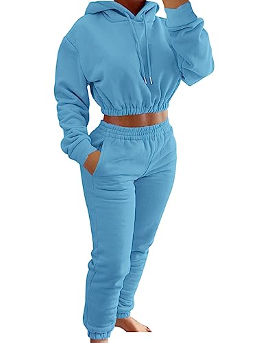 ORANDESIGNE Zweiteiler Damen Winter Crop Hoodie Langarm + Jogginghose Lang Sport Outfit Fitness Set Sportswear 2 Teiler Sportanzug Sportlich Chic Hosenanzug Warm Hausanzug Loungewear Hellblau M von ORANDESIGNE