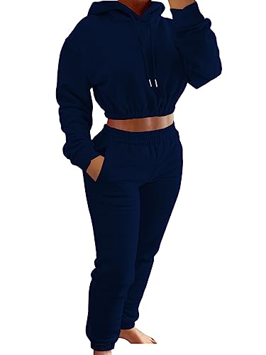 ORANDESIGNE Zweiteiler Damen Winter Crop Hoodie Langarm + Jogginghose Lang Sport Outfit Fitness Set Sportswear 2 Teiler Sportanzug Sportlich Chic Hosenanzug Warm Hausanzug Loungewear Marineblau M von ORANDESIGNE