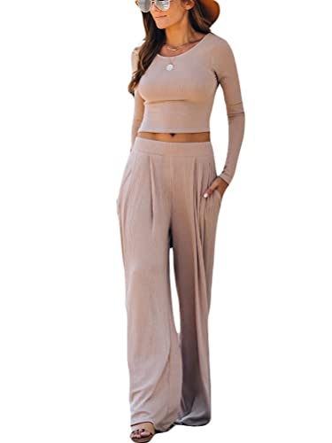 ORANDESIGNE Zweiteilige Outfits Damen Festlich Elegant Hosenanzug 2 Teilig Lang Sweatshirt Und Hose Loungewear Set Ribbed Freizeitanzug Modern Zweiteiler Winter Hausanzug Casual Anzug Hellbraun XXL von ORANDESIGNE