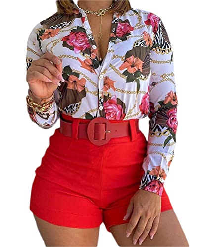 ORANDESIGNE Zweiteiliges Outfit Damen Elegant Langarmshirt und Shorts Freizeitanzug Modern Damenanzug Set Festlich Znzug Shorts Sommer Streetwear Suit A Rot S von ORANDESIGNE