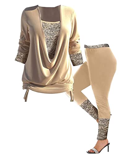 ORANDESIGNE Zweiteiliges Set Damen Pailletten Top + Leggings Bedrucktes Freizeitanzug 2 Stück Gedruckt Langarm Oberteil und Strumpfhose Anzug 2 Teilig Hausanzug Plus Size Kleidung A Khaki XXL von ORANDESIGNE