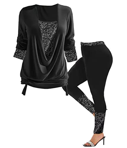 ORANDESIGNE Zweiteiliges Set Damen Pailletten Top + Leggings Bedrucktes Freizeitanzug 2 Stück Gedruckt Langarm Oberteil und Strumpfhose Anzug 2 Teilig Hausanzug Plus Size Kleidung A Schwarz 5XL von ORANDESIGNE