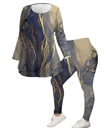 ORANDESIGNE Zweiteiliges Set Damen Pailletten Top + Leggings Bedrucktes Freizeitanzug 2 Stück Gedruckt Langarm Oberteil und Strumpfhose Anzug 2 Teilig Hausanzug Plus Size Kleidung B Navy Blau 4XL von ORANDESIGNE