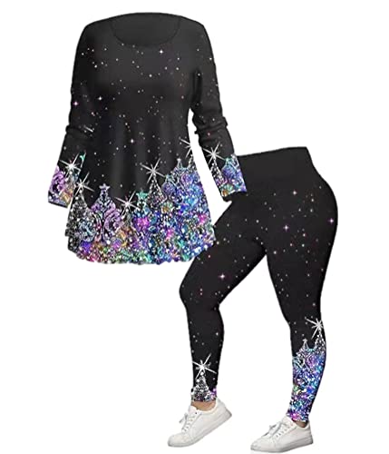 ORANDESIGNE Zweiteiliges Set Damen Pailletten Top + Leggings Bedrucktes Freizeitanzug 2 Stück Gedruckt Langarm Oberteil und Strumpfhose Anzug 2 Teilig Hausanzug Plus Size Kleidung B Schwarz 04 XXL von ORANDESIGNE