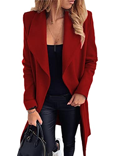 ORANDESIGNE Wintermantel Damen Lang Einfarbig Wollmantel Outwear Revers Mantel Frauen Mittellanger Mantel Elegant Schlank Mantel Z1 Rot XS von ORANDESIGNE