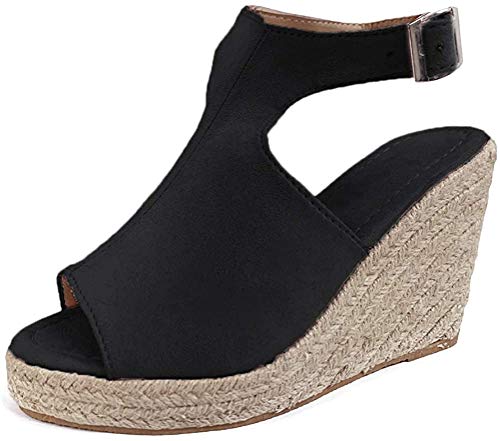 Sandalen Damen Espadrilles Keilabsatz Wedges Schuhe Mit Absatz Sandaletten Strandschuhe Riemchensandalen Schwarz 37 EU von ORANDESIGNE