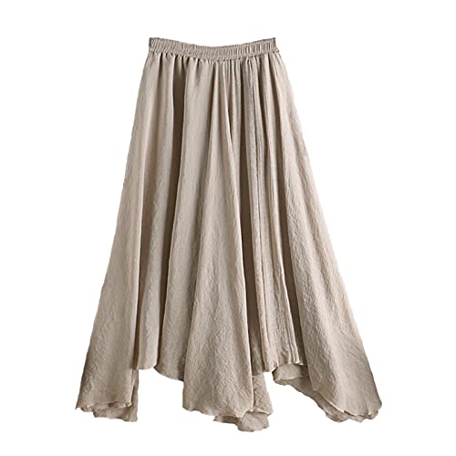 ORANZT Damen Leinenrock Elastisch Taillenband Langer Maxirock Böhmischer Stil Doppellagige Einfarbig Knitterrock, khaki, Einheitsgröße von ORANZT