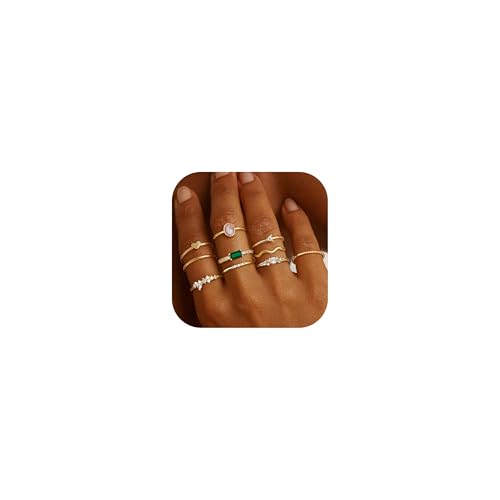 ORAZIO 10 Stück Gold Ringe Frauen 14 Karat Vergoldete Ring Damen Goldene Ringe Set Goldring Damen Stapelbare Fingerring mit Opal Zirkonia Daumenringe Damenring Wasserfest Gold Ring Schmuck für Damen von ORAZIO