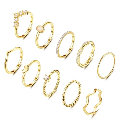 ORAZIO 10 Stück Ringe Gold Set Damen Stapelbare Wasserfest Ring 14 Karat Vergoldet Ring mit Zirkonia Opal Daumenring Fingerring Knöchelringe Stapelringe Schmuck für Damen Frauen von ORAZIO