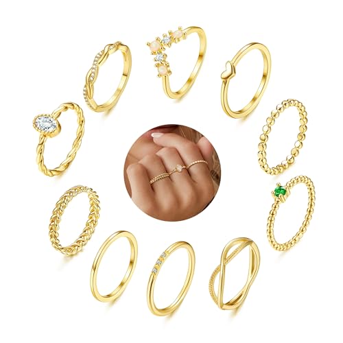 ORAZIO 10Pcs Gold Ringe Frauen 14 Karat Vergoldete Goldene Ringe Set Goldring Damen Stapelbare Fingerring Opal Zirkonia Daumenringe Damenring Wasserfest Gold Ring Schmuck für Damen Größe 62 von ORAZIO