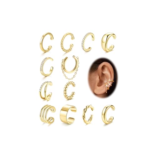 ORAZIO 12 Stück Ear Cuff Gold Set Damen Ohrmanschette Ohrringe Fake Ohrringe Fake Pircings Ohr Earcuffs 18 K Gold Verstellbare Clip Ohrringe Non Piercing Fake Helix Ohrmanschette von ORAZIO