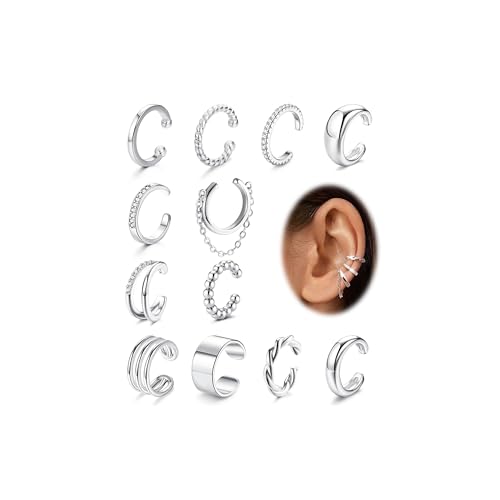 ORAZIO 12 Stück Ear Cuff Silber Set Damen Ohrmanschette Ohrringe Fake Ohrringe Fake Pircings Ohr Earcuffs Verstellbare Clip Ohrringe Non Piercing Fake Helix Knorpelohrringe Ohrmanschette von ORAZIO
