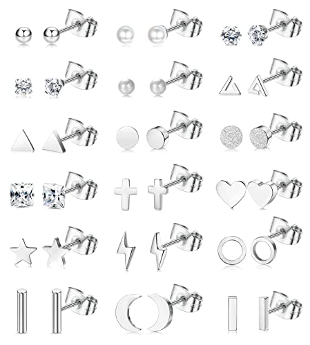 ORAZIO 18 Paar Ohrstecker Set für Damen Herren 316L Edelstahl Stern Mond Herz CZ Scheibe 20G Knorpelohrringe Hypoallergen Geometrische Ohrstecker Piercingschmuck Silber von ORAZIO