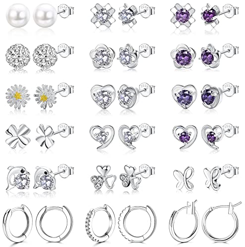 ORAZIO 18Paar Ohrstecker Silber Damen Mädchen 925 Sterling Silver Nickelfrei Kleeblatt Süßwasserperlen Zirkonia Herz Delfin Gänseblümchen Ohrringe Hoops Ohrringe Modeschmuck Ohrringe Set von ORAZIO