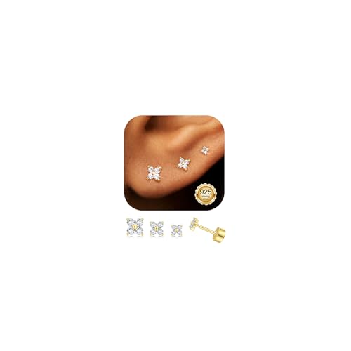 ORAZIO 3 Paar Ohrringe Silber 925 Damen Ohrringe Gold Ohrstecker Silber 925 CZ Stern Herz Helix Piercings Ohr Gold Piercing Set Goldene Ohrringe Damen Flatback Ohrstecker von ORAZIO