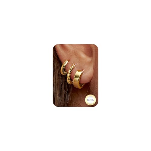 ORAZIO 3 Paar Ohrringe Creolen Silber 925 für Damen Ohrringe Gold Creolen Klein Mini Piercing Ohr Goldene Ohrringe Damen Hypoallergene Huggie Knorpel Ohrringe Set Schmuck von ORAZIO
