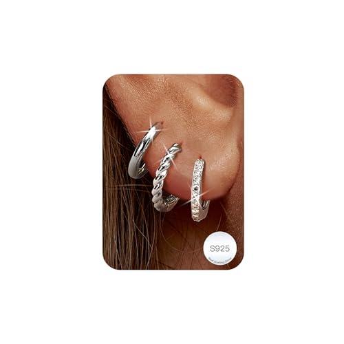 ORAZIO 3 Paar Ohrringe Silber 925 Creolen für Damen Piercing Ohr Mini Ohrstecker Creolen Silber Klein Hypoallergene Silber Huggie Knorpel Ohrringe Set Schmuck von ORAZIO