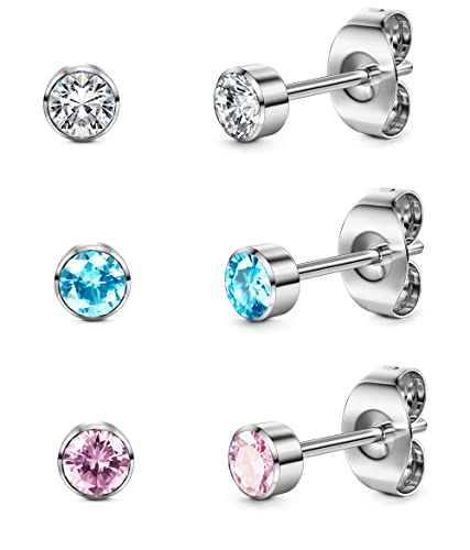 ORAZIO 3 Paar Ohrstecker für Frauen Titanium Mädchen Ohrringe Set Hypoallergen Cubic Zirkonia Herren Ohrringe 3/4/5mm Schlaf Ohrstecker Hypoallergen für empfindliche Ohren von ORAZIO