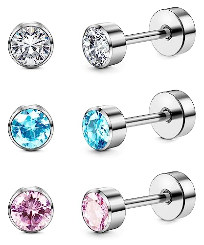 ORAZIO 3 Paar Ohrstecker für Frauen Titanium Mädchen Ohrringe Set Hypoallergen Cubic Zirkonia Herren Ohrringe 3/4/5mm Schlaf Ohrstecker Hypoallergen für empfindliche Ohren von ORAZIO