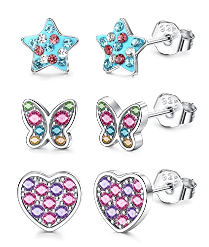 ORAZIO 3 Paare 925 Sterling Silber kleine Ohrstecker Ohrringe Für Mädchen Kinder Schmetterling Herz Stern Cubic Zirkonia Knorpel Ohrringe Set für Frauen Kinder Hypoallergene Ohrstecker Set A von ORAZIO
