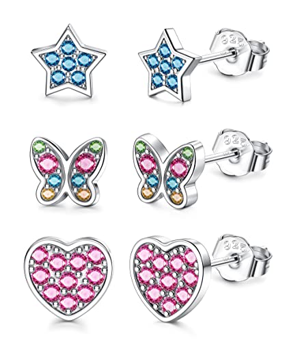 ORAZIO 3 Paare 925 Sterling Silber kleine Ohrstecker Ohrringe Für Mädchen Kinder Schmetterling Herz Stern Cubic Zirkonia Knorpel Set für Frauen Hypoallergene B von ORAZIO