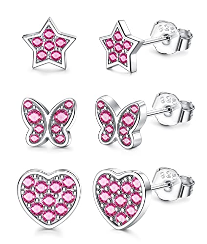 ORAZIO 3 Paare 925 Sterling Silber kleine Ohrstecker Ohrringe Für Mädchen Kinder Schmetterling Herz Stern Cubic Zirkonia Knorpel Ohrringe Set für Frauen Kinder Hypoallergene Ohrstecker Set C von ORAZIO