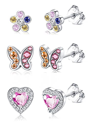 ORAZIO 3 Paare 925 Sterling Silber kleine Ohrstecker für Mädchen Kinder |Schmetterling Herz Blume Cubic Zirkonia Knorpel Ohrringe Set für Frauen Kinder |Hypoallergene Ohrstecker Schläfer Ohrringe Set von ORAZIO