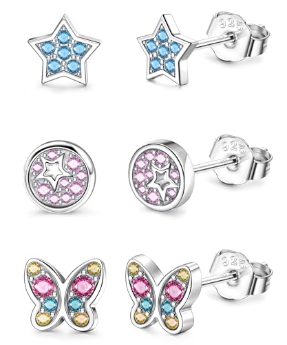 ORAZIO 3 Paare 925 Sterling Silber kleine Ohrstecker für Mädchen Kinder |Schmetterling Herz Blume Cubic Zirkonia Knorpel Ohrringe Set für Frauen Kinder |Hypoallergene Ohrstecker Schläfer Ohrringe Set von ORAZIO