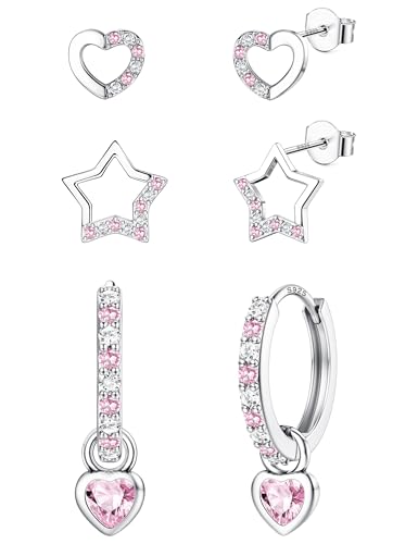 ORAZIO 3 Paare Kinder Ohrringe Silber 925 Mädchen Ohrstecker Creolen Silber hängend Ohrringe Kinder Herz Stern Piercing Ohr Schmuck Ohrringe Für Mädchen von ORAZIO