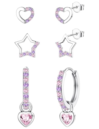 ORAZIO 3 Paare Kinder Ohrringe Silber 925 Mädchen Ohrstecker Creolen Silber hängend Ohrringe Kinder Herz Stern Piercing Ohr Schmuck Ohrringe Für Mädchen von ORAZIO