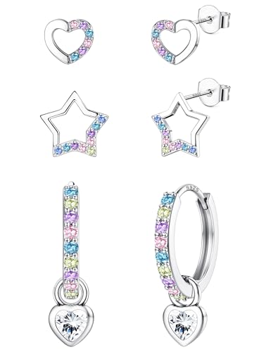 ORAZIO 3 Paare Kinder Ohrringe Silber 925 Mädchen Ohrstecker Creolen Silber hängend Ohrringe Kinder Herz Stern Piercing Ohr Schmuck Ohrringe Für Mädchen von ORAZIO