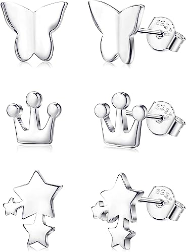 ORAZIO 3 Paare Niedliche Sterling Silber Ohrstecker Für Frauen Männer Hypoallergene 14K Vergoldet Schmetterling Stern Krone Kreuz Blatt Schädelkopf Ohrstecker Schmuck Set 1 von ORAZIO