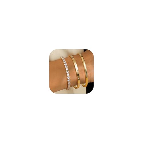 ORAZIO 3 Stück Armband Damen Gold 14K Gold Armbänder Armreif Manschette Tennis Armband Verstellbares Armreifen Set Gold Armband Schmuck für Damen von ORAZIO