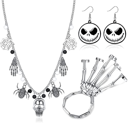 ORAZIO 3 Stück Halloween Schmuckset für Damen und Teenager Halloween Geist Schädel Kürbis Anhänger Halskette Kürbis Tropfen Ohrringe Halloween Armbänder Stretch Skelett Hände für Damen und Herren von ORAZIO