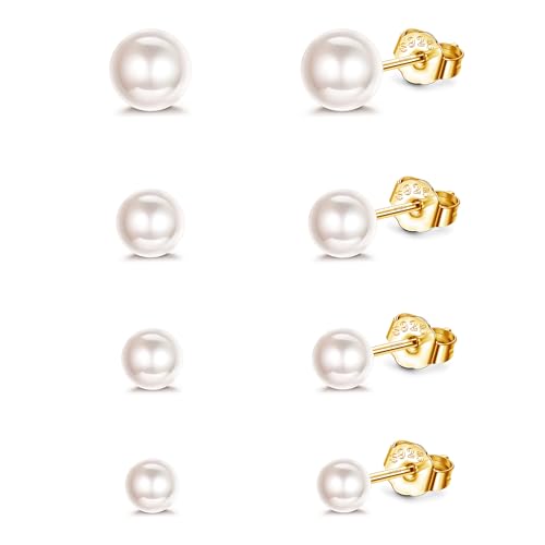 ORAZIO 4 Paar Perlen Ohrstecker Silber 925 Runde Kugelperlen Gemischte Größen 4-7 mm Ohrstecker Hypoallergen Süßwasserperlen Ohrringe Set für Mädchen Frauen von ORAZIO