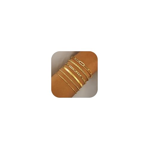 ORAZIO 6Pcs Armband Damen Gold 14 Karat Vergoldet Armbänder Armkette Damen Twist Figaro Schlangen Kette Armband Set Damen Stapelbar Verstellbar Armbänder Set Wasserfest Gold Schmuck Damen Mädchen von ORAZIO