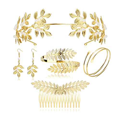 ORAZIO 5 Pcs Griechisches Göttinnen Schmuck Set für Frauen, Griechisches Blattgold Stirnband, Römische Griechische Göttin Kopfschmuck, Gold Blatt Krone Goldmanschette Armband, Haarkamm Schieber von ORAZIO